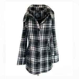 Chic Vintage Plaid Wool Trench Coat, Black and White Plaid